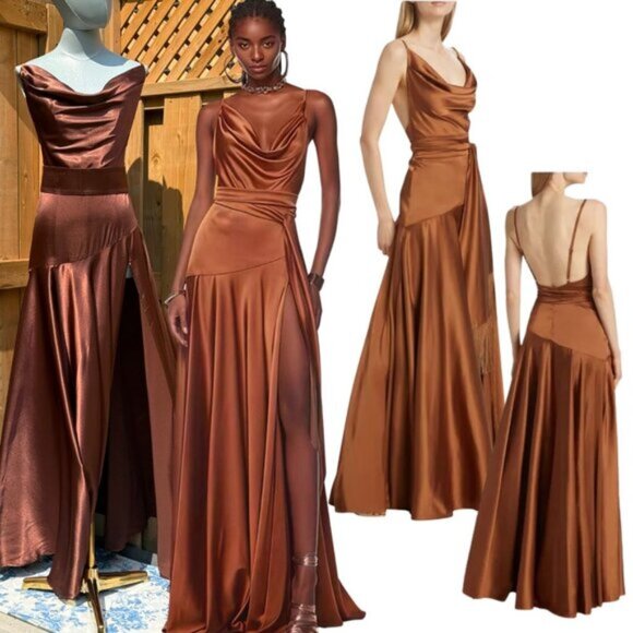 🆕 BRONX & BANCO 🧿 NWOT Leo Chocolate Brown Silk-Blend Maxi Dress, Sz S US 4 - Picture 1 of 15